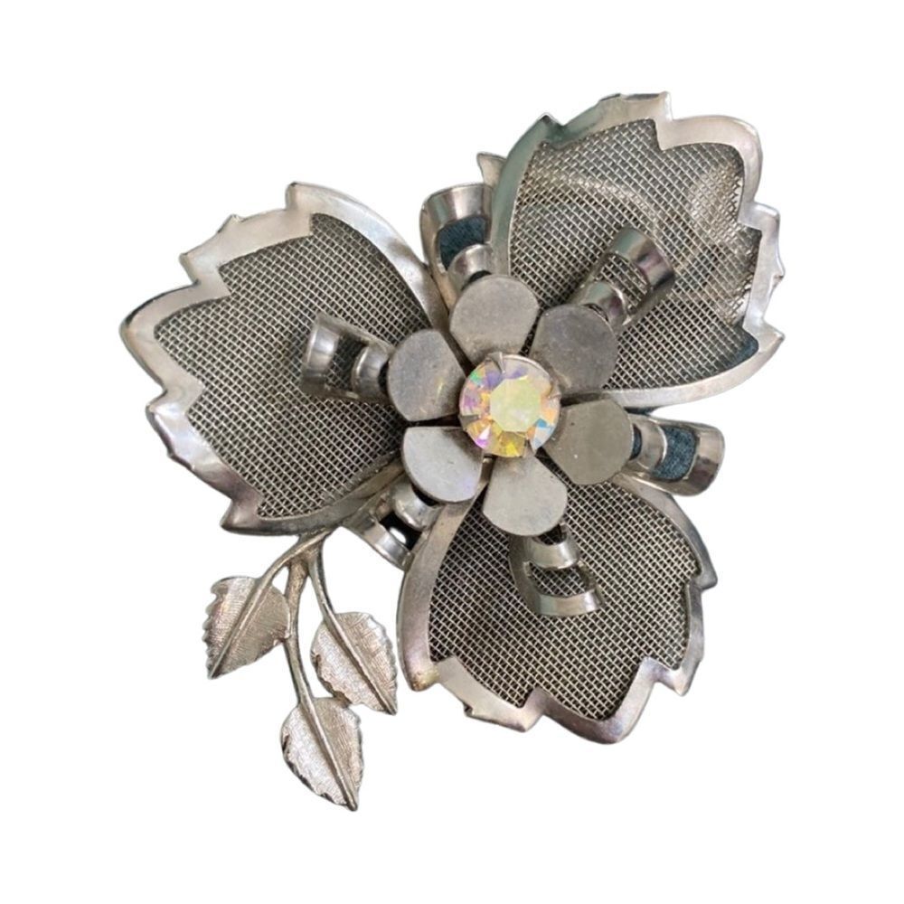 Vintage Sterling Silver Metal Mesh Flower Pin 3" High Striking Statement Piece